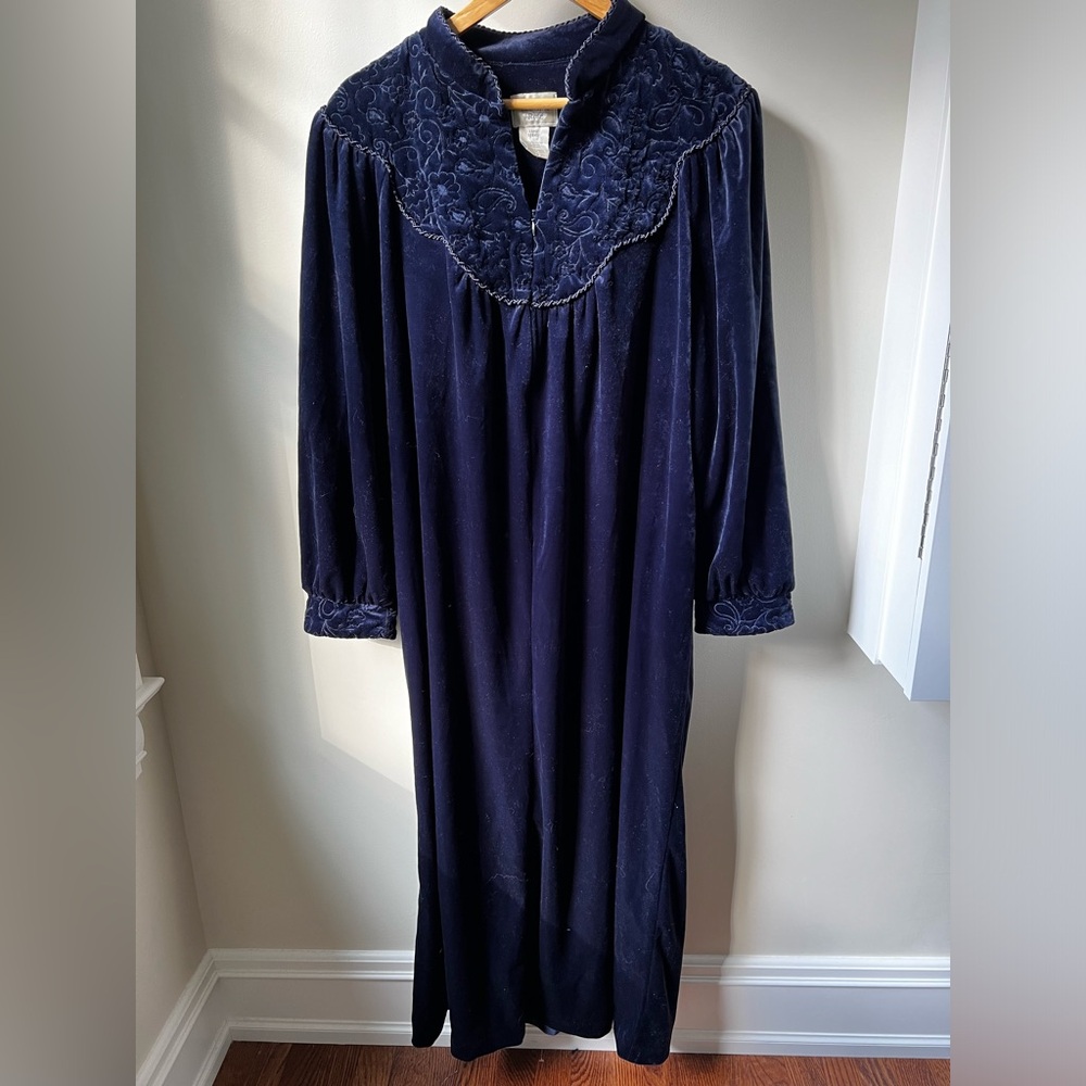 JASMINE ROSE Velvet‎ Floral Grannycore Nightgown Prairie Blue Long Fall Cozy L